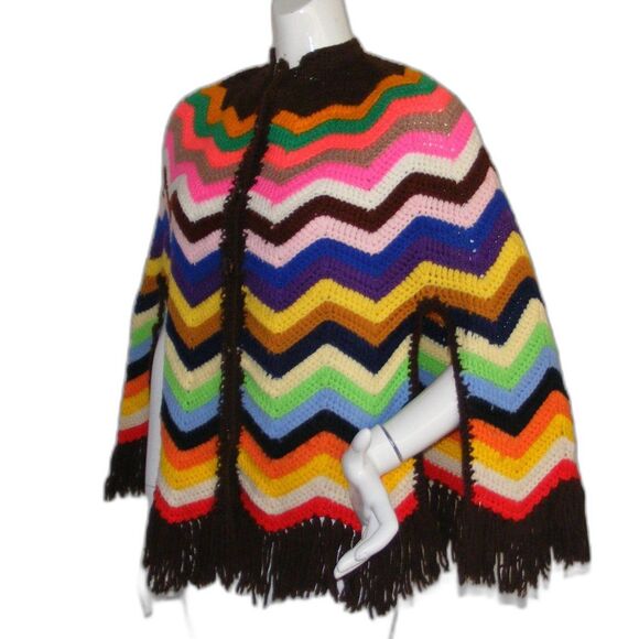 Handmade Vintage Cape, OS, Multicolor, Fringe, Button front, Arm vents, Chevrons - Picture 3 of 9